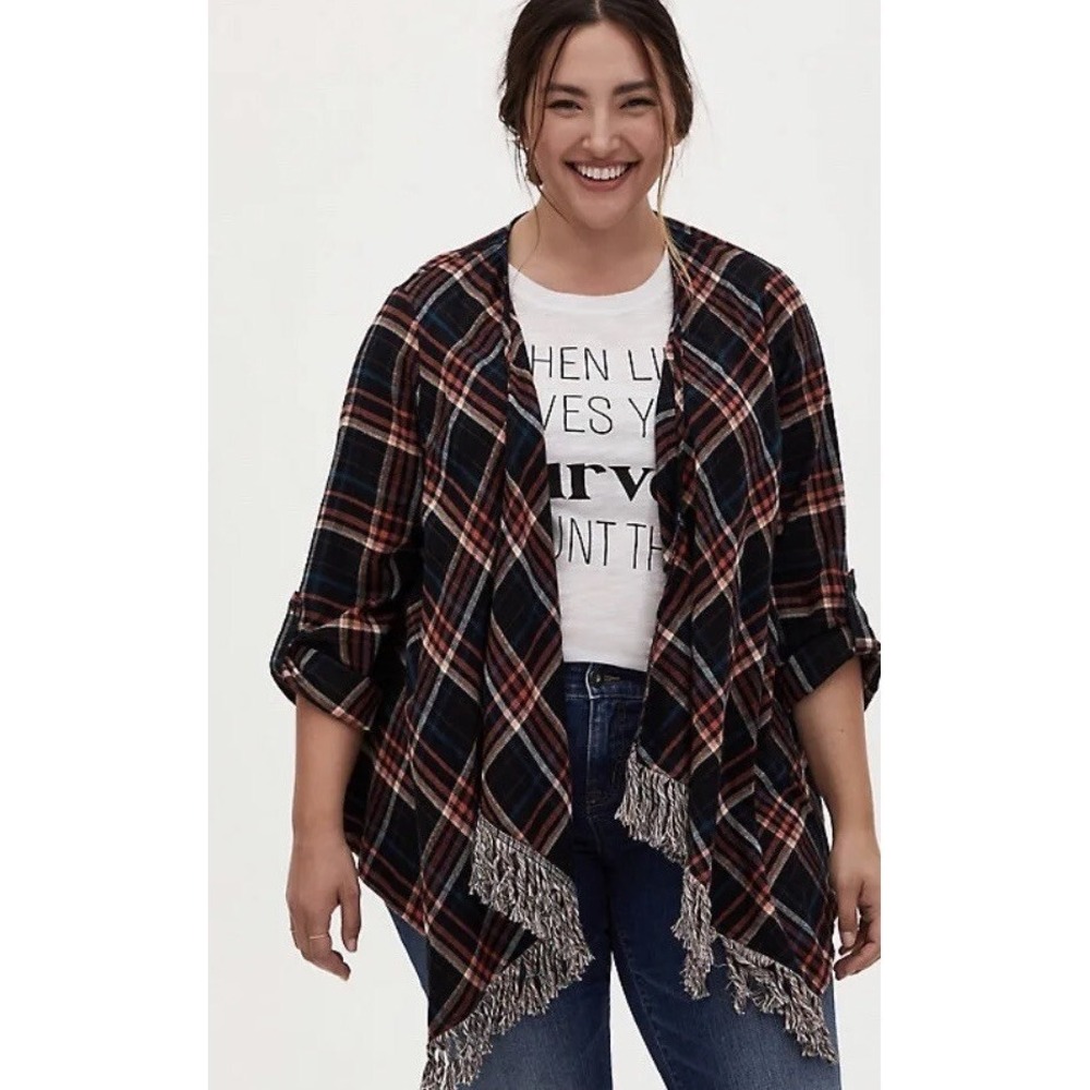 NEW $49 Torrid Womens Plus 3X Plaid Flannel Fringe Long Sleeve Kimono Cardigan